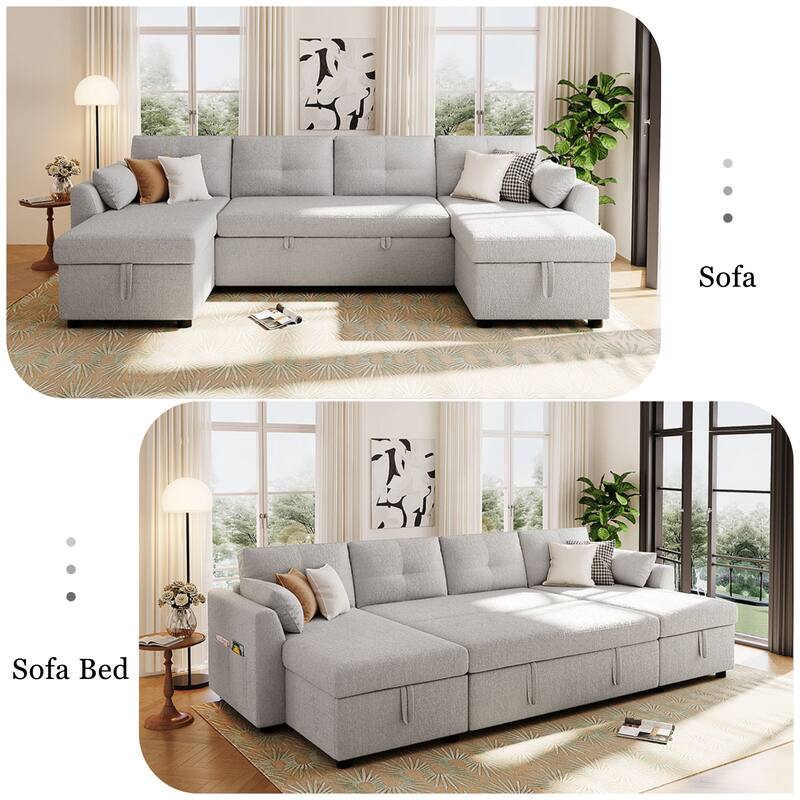 Teddy Fabric Sectional Sofa Convertible Sleeper Sofa Modern U-Shaped Couch Dual Storage Chaise Lounge with Pockets and USB Ports