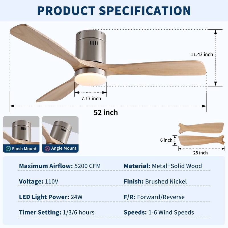 52 inch Mordern Cozy Natural Style Solid Wood Low Profile Flush Mount Intergrated LED Ceiling Fan with Light - Brushed Nickel