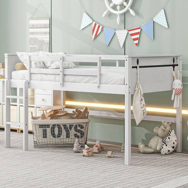 slide 2 of 8, White Twin Size Solid Pine Wood Loft Bed with Hanging Clothes Racks, Guardrail White