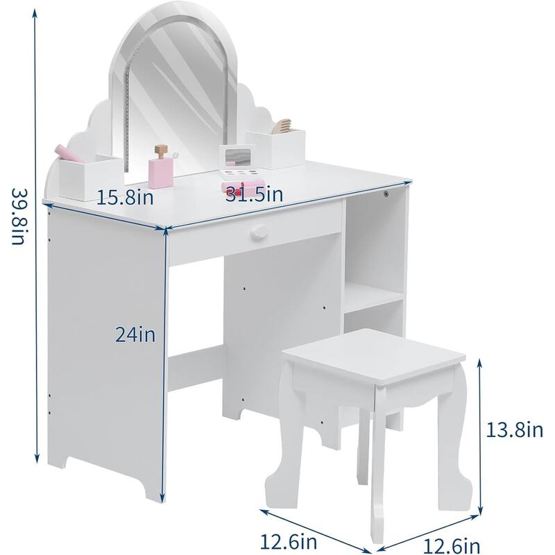 Kids Vanity Set with Lighted Mirror and Stool, Storage Drawer and Shelves for Girls Ages 3–9