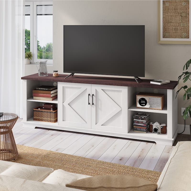 EROMMY Solid Wood TV Stand, Modern Entertainment Center with Glass Doors & Adjustable Shelves.