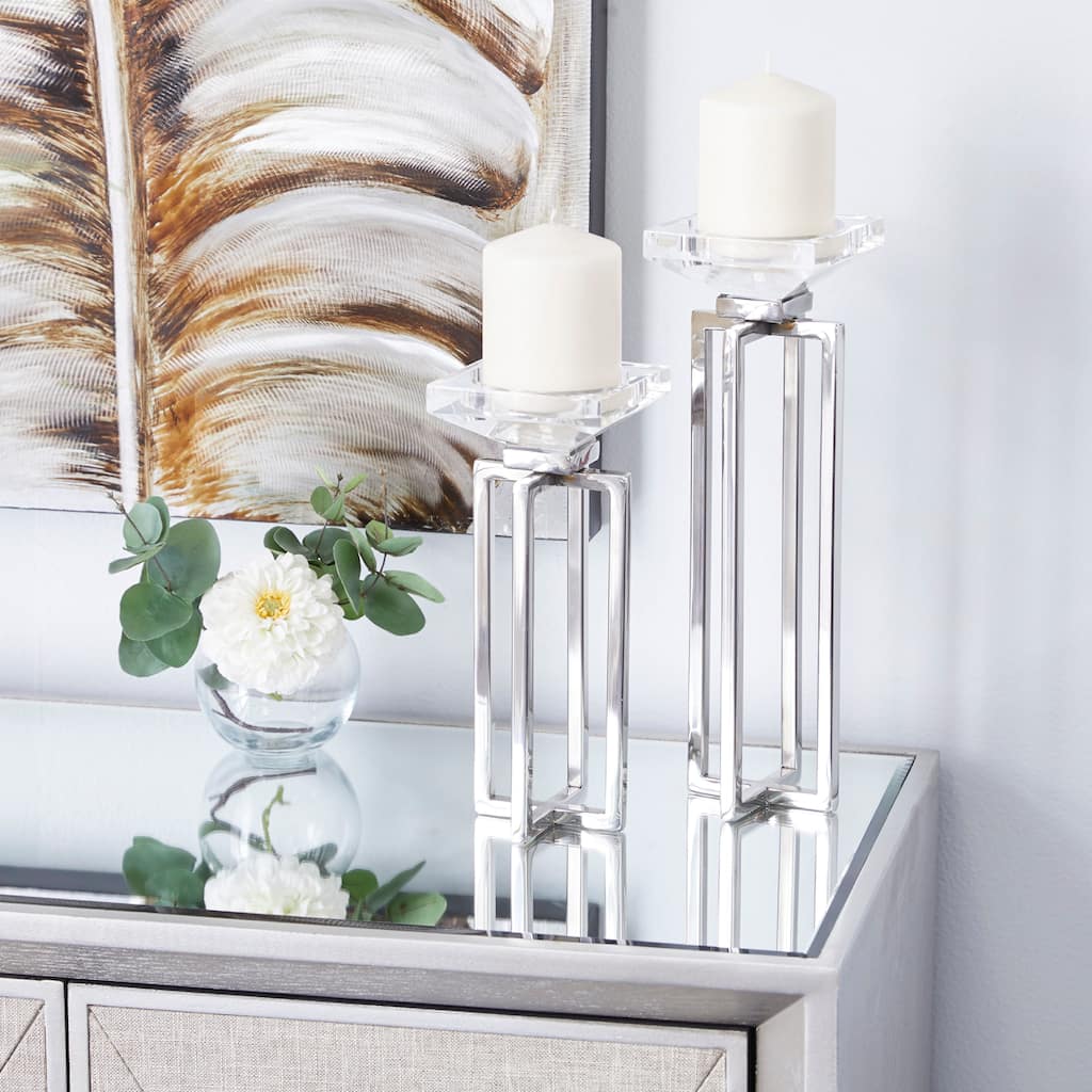 Silver Stainless Steel Candle Holder (Set of 2) - 4 x 4 x 13