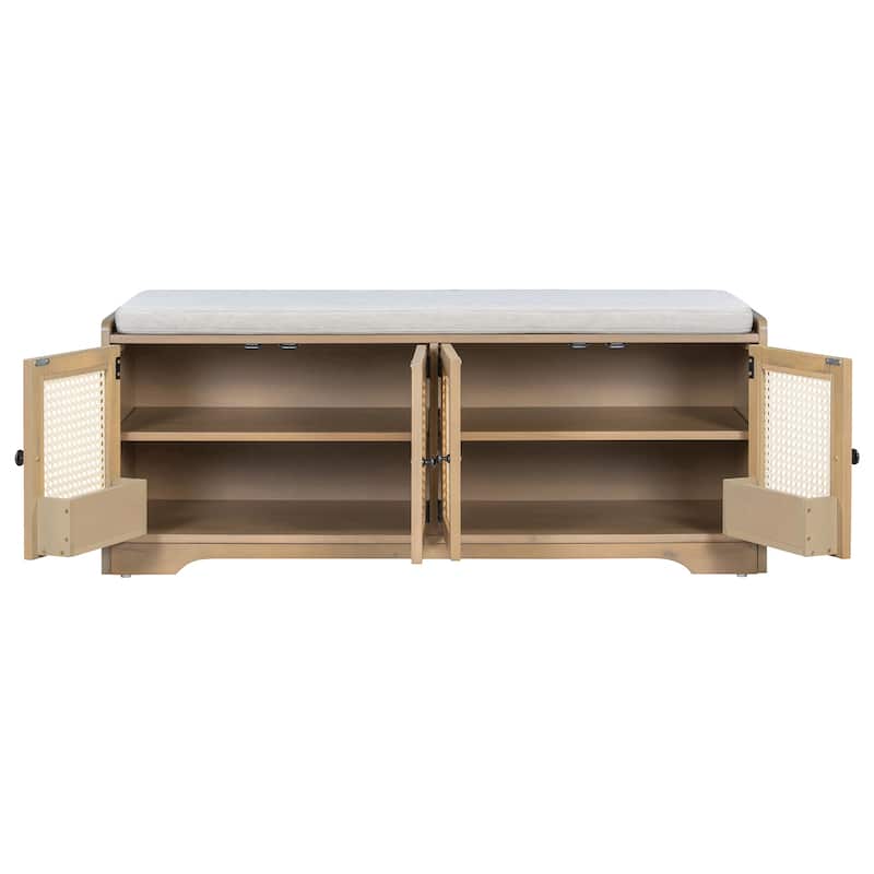 Rustic Storage Bench Multifunctional Wood Entryway Shoe Bench with Removable Cushion, Woven Rattan Doors & Adjustable Shelves