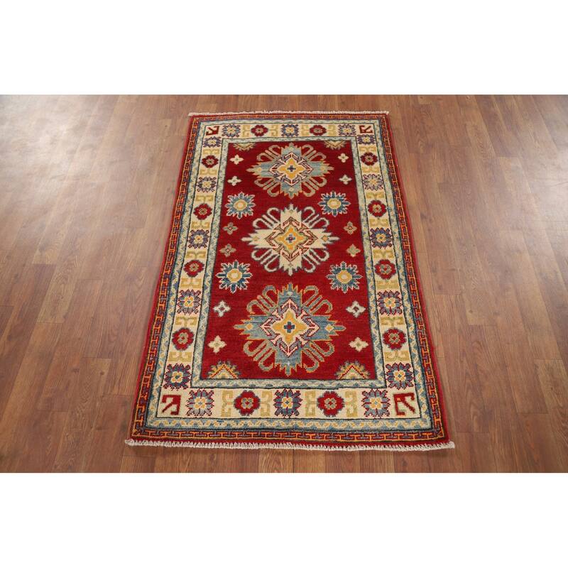 Geometric Red Kazak Oriental Foyer Rug Hand-Knotted Wool Carpet - 2'7" x 4'1"