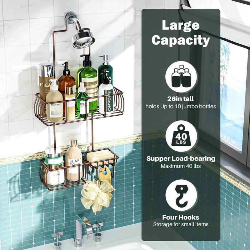 Shower Caddy Hanging, Anti-Swing Over Head Shower Caddy Rustproof with hooks for Towels, Sponge and more