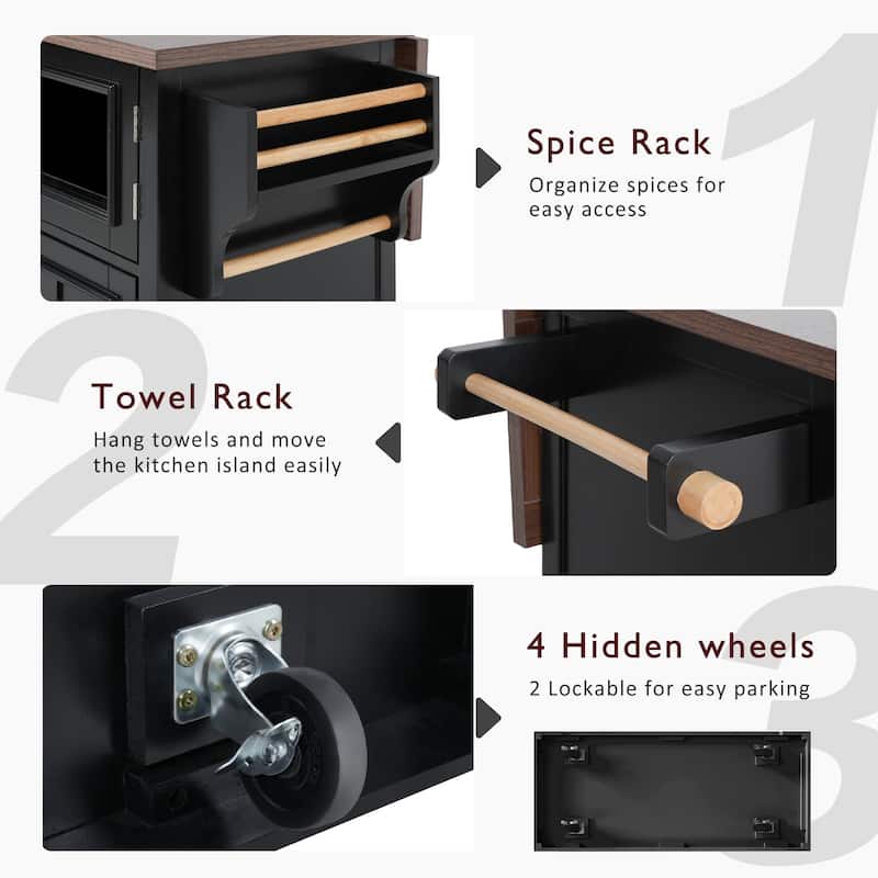 54.9"Rolling Kitchen Island w/ Drop Leaf,Power Outlet,Cross Barn Doors