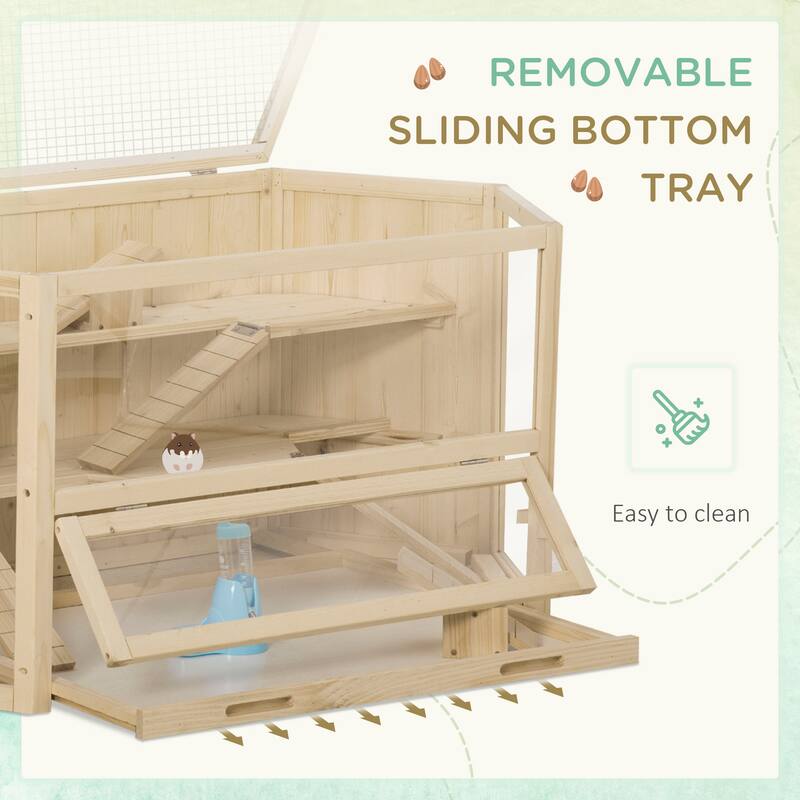 Large 3-Tier Hamster Cage with Clear Walls and Solid Wood Frame Toys and Hideouts for Small Pets - 45.25" L x 23.5" W x 21.75" H