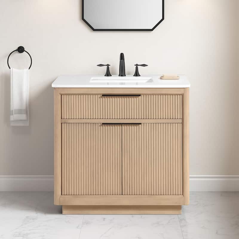 OVE Xander Bathroom Vanity with White Engineered Stone Top - 36" - Sahara Birch with Matte Black Hardware