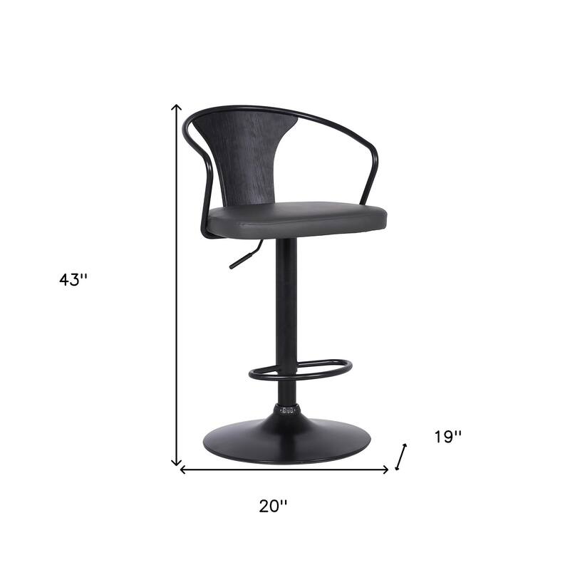 Black Faux Leather Adjustable Swivel Bar Stool with Iron Frame and Footrest - 19” x 20” x 43” (D x W x H)