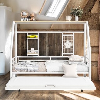 Metal Twin Size House Bed with Trundle and Built-in Shelf,Kids Bed Design