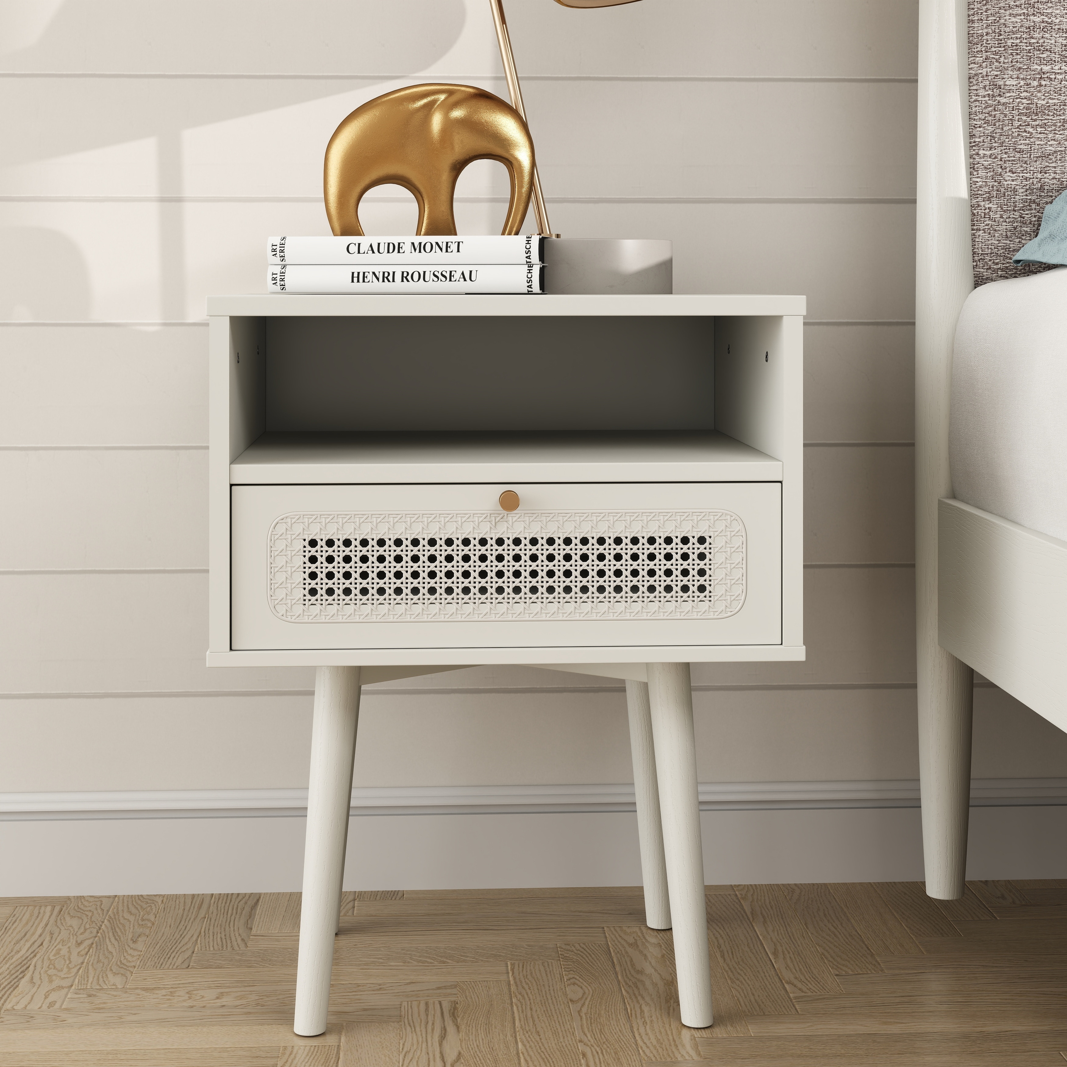 Dual-tier Storage Nightstand, Side Table, Cream White