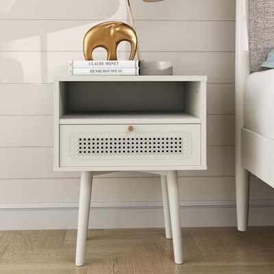 Roundhill Furniture Feeney Dual-tier Storage Nightstand, Cream White