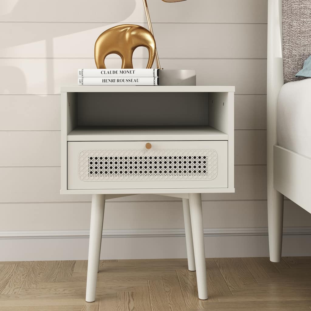 Roundhill Furniture Feeney Dual-tier Storage Nightstand, Cream White