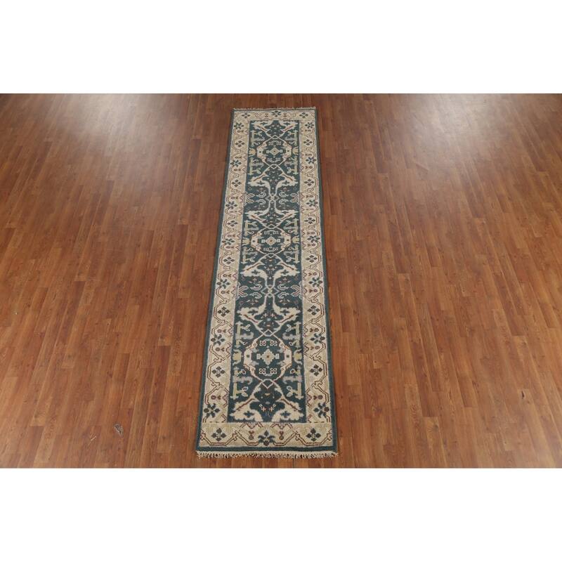 Teal Oushak Indian Runner Rug Hand-Knotted Wool Carpet - 2'7"x 9'11"