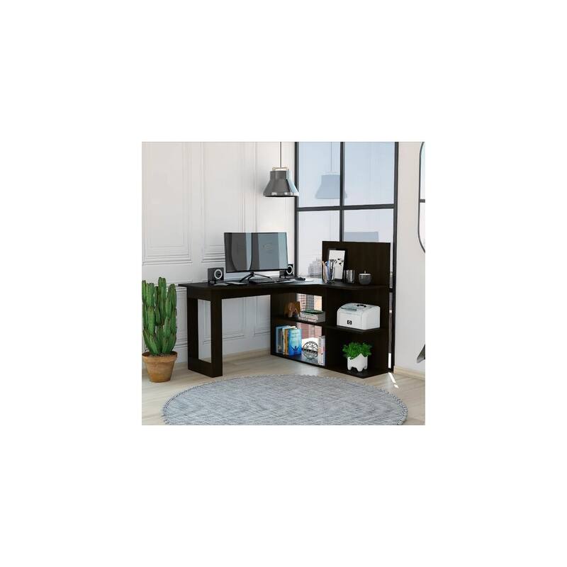 Kochi L-Shaped Desk - Black Corner Computer Writing Workstation with Shelves
