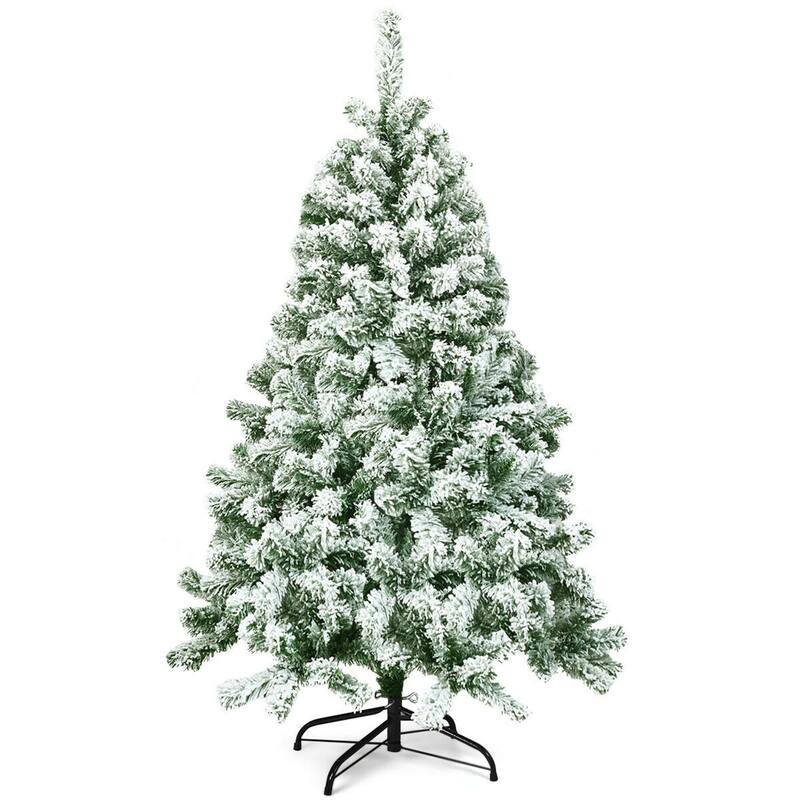 Gymax 4.5ft Snow Flocked Christmas Tree Hinged Artificial Pine Tree w/ - See Details