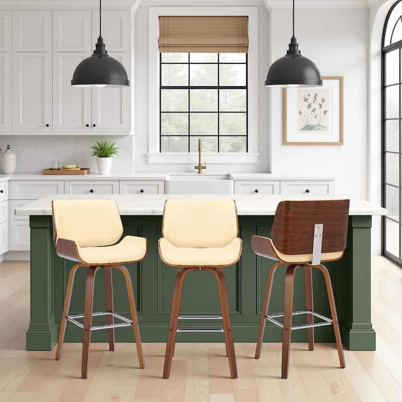 Tyler Mid-Century Swivel Bar Stool, Upholstered Counter Height Chair with Bentwood Legs - Set of 3 - Cream & Walnut - Counter Height