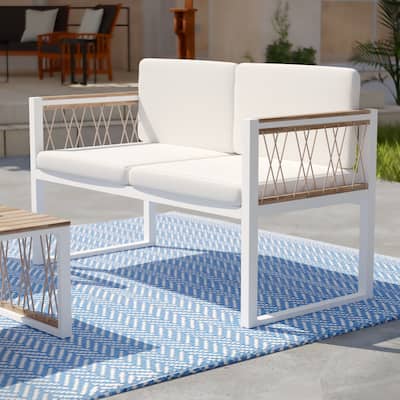 SEI Furniture Wiota Natural Acacia Wood Outdoor Loveseat with Deep Seating Cushions and Rope Accents