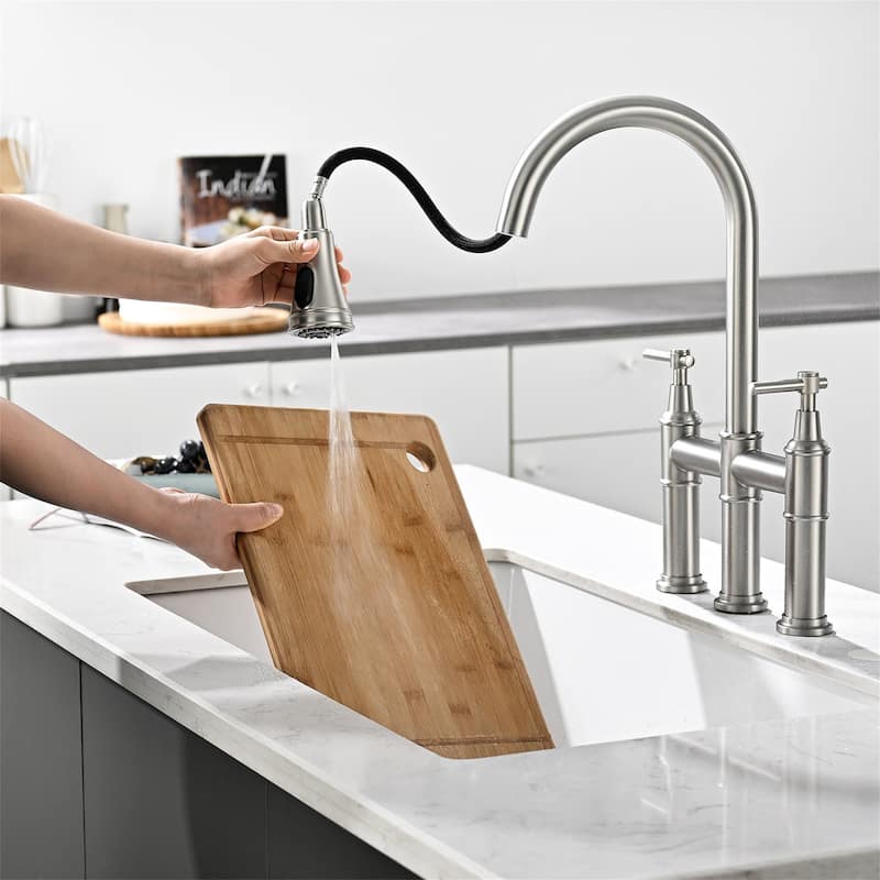 Bridge Kitchen Faucet with Pull Down Sprayer Modern Stainless Steel 3 Hole Pull Down Kitchen Sink Faucets Brushed Nickel