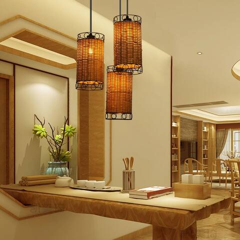 LED Pendant Ceiling Light Rattan Pendant Lighting Modern Weave Hanging Light - L6xW6xH59in