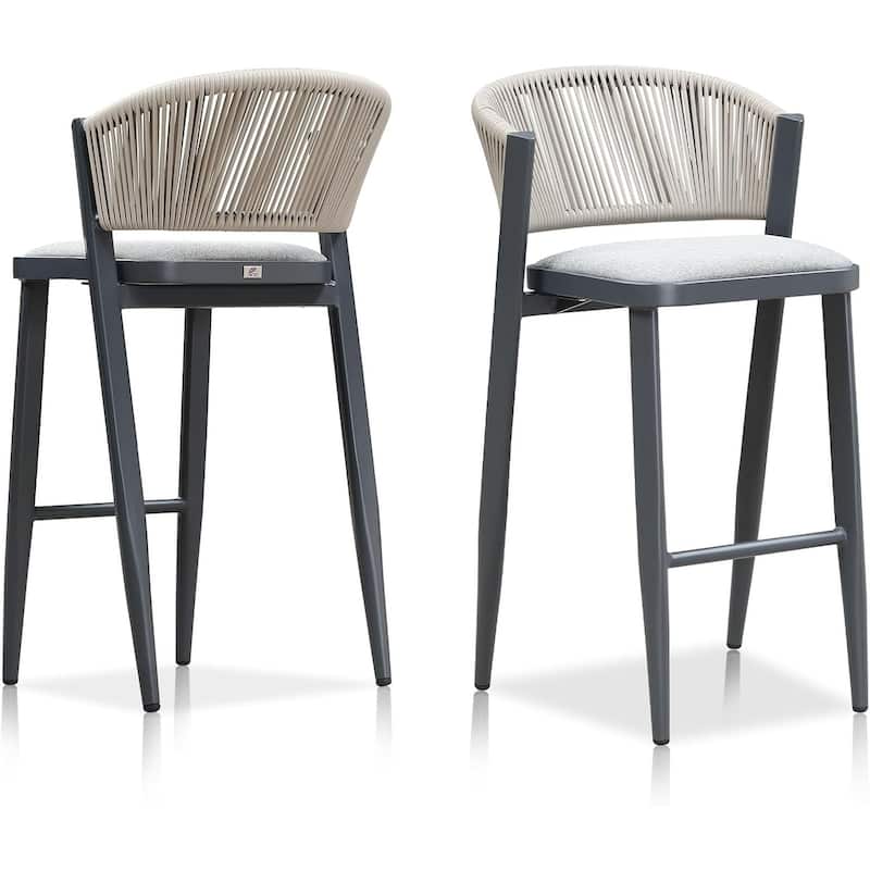 PURPLE LEAF Bar Stool Set of 2 Outdoor Rattan Bar Chair with Back Metal Bar Height Stool Wicker Barstool Dark Grey - N/A - BarHeight-Stone Cushion