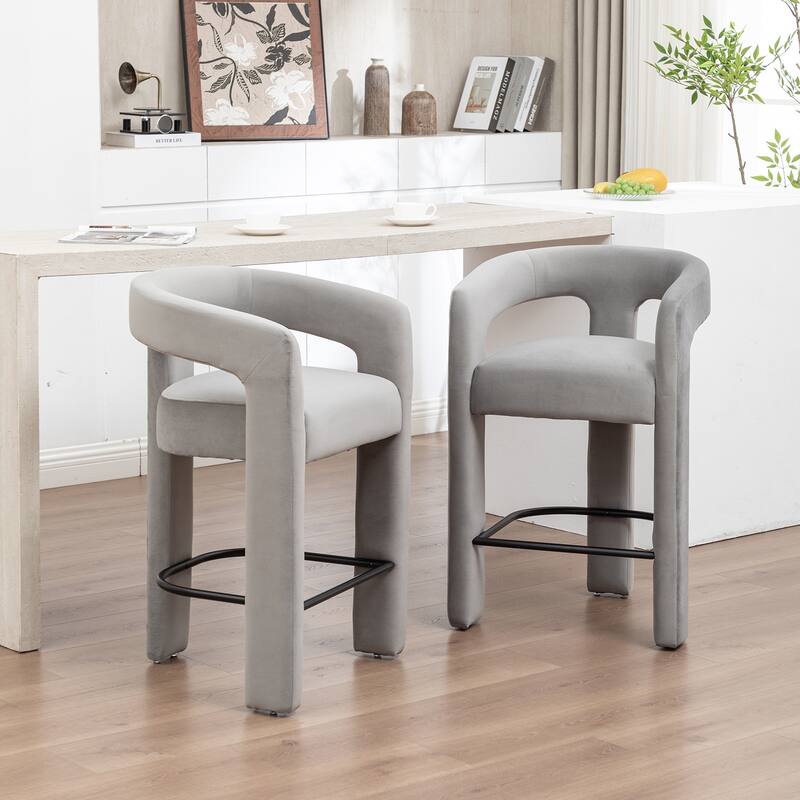 SEYNAR Modern Velvet 34.6''H Fixed Height Open-Back Bar Stool with Metal Footrest Set of 2