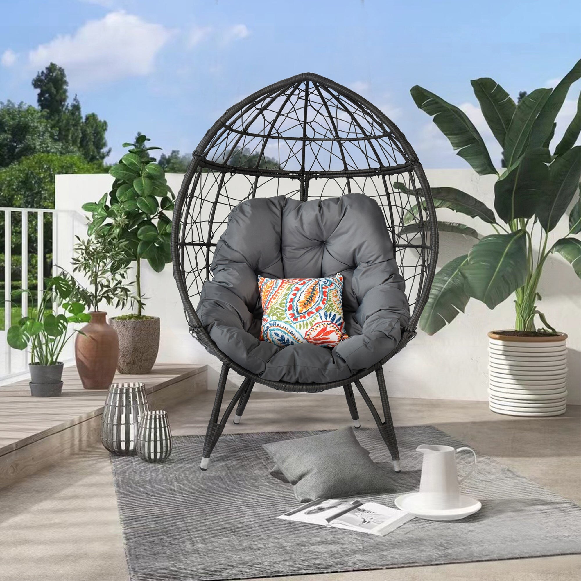 Outdoor Patio Wicker Egg Chair Indoor Basket Wicker Chair with Charcoal Grey Cushion Bed Bath Beyond 40366181