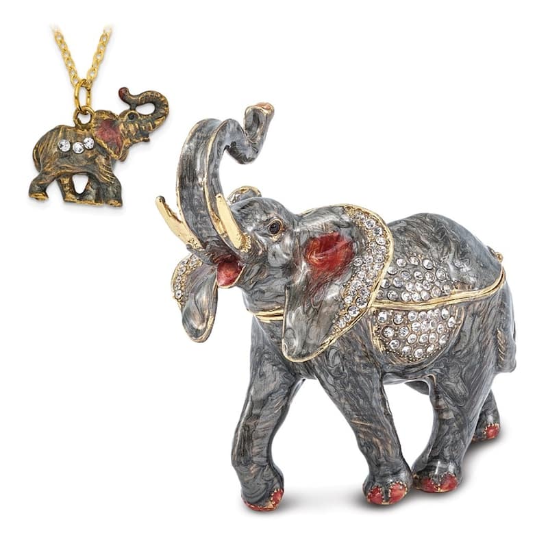 Curata Pewter Crystals Gold-Tone Enameled Zara Trumpeting Elephant Trinket Box on 18 Inch Necklace