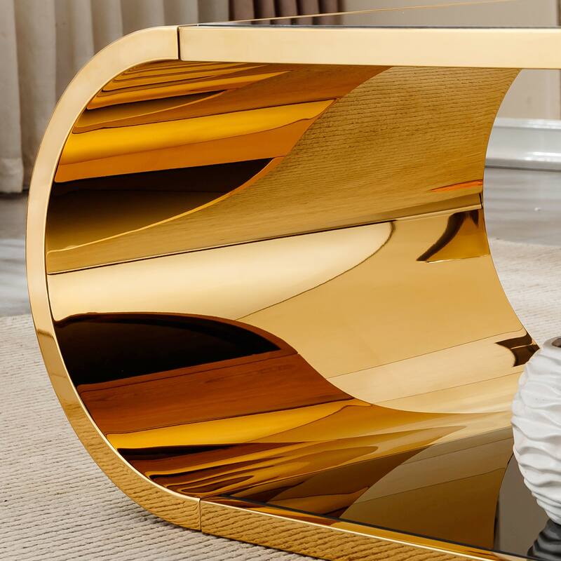 Modern Oval 2-Tier Coffee Table End Table with Gold Stainless Steel Frame, Accent Table Dining Table with Tempered Glass