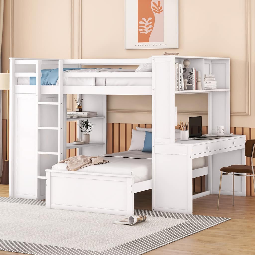 Space-Saving Full Size Loft Bed with Twin Bed, Shelves, Desk, and Wardrobe in White