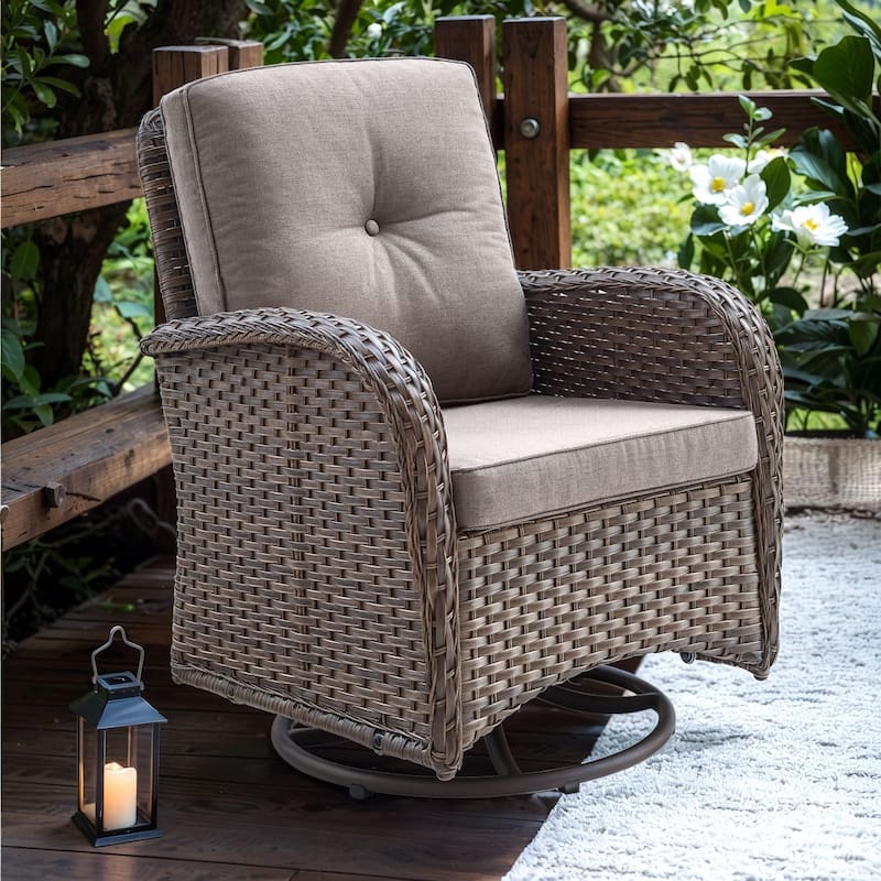 Pocassy Outdoor Wicker Patio Chairs Set - Brown Wicker Grey Cushion - 1PC Swivel Chair