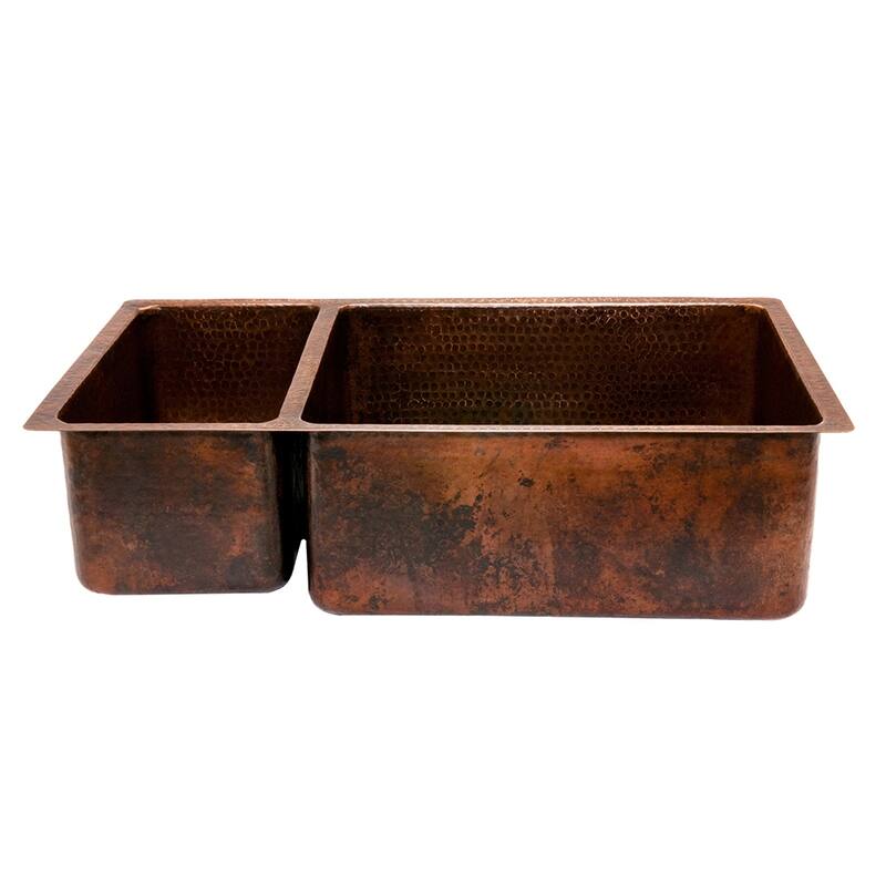 33-in Hammered Copper Kitchen 25/75 Double Basin Sink with Matching Drains, and Accessories (KSP3_K25DB33199)