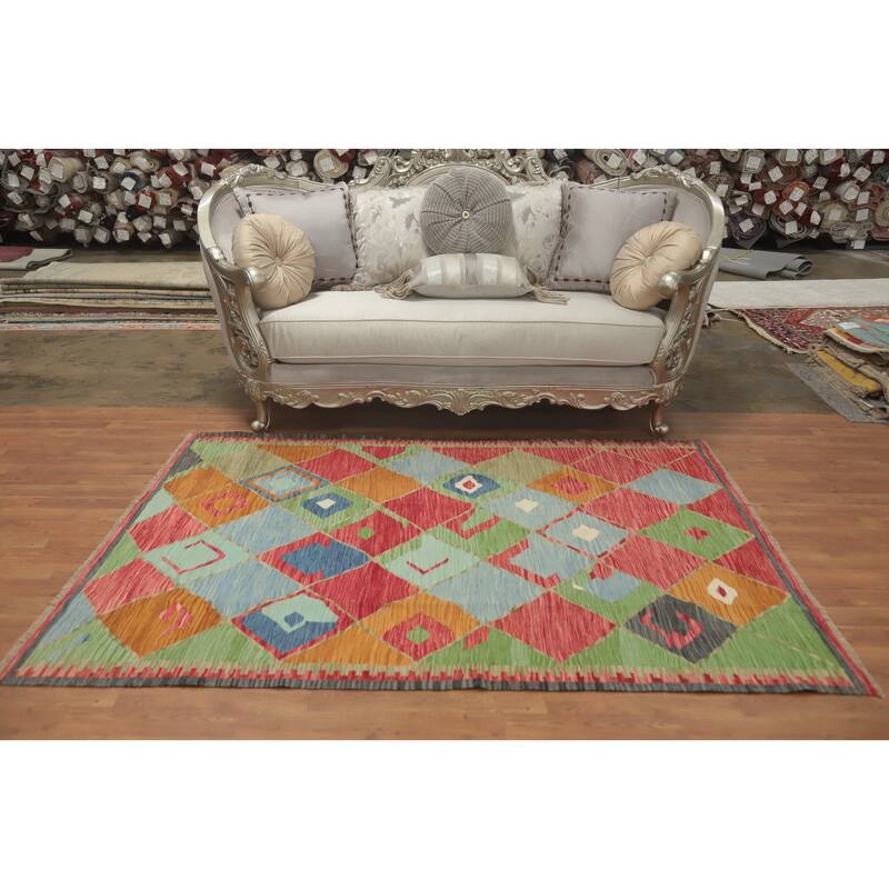 Hand Woven Oriental 100% Wool Carpet Southwestern Tribal Multi-Colored Kilim Area Rug - 6' 11'' X 4' 9''