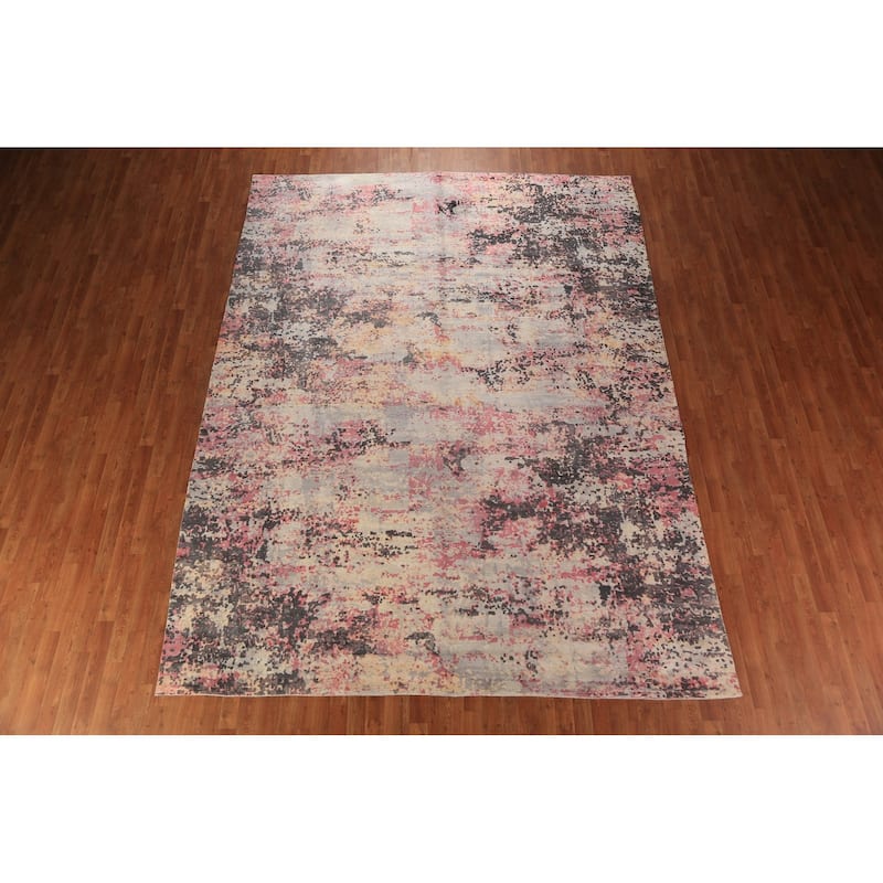 Modern Abstract Indian Rug Hand-Knotted Oriental Wool Carpet - 8'11"x 11'11"