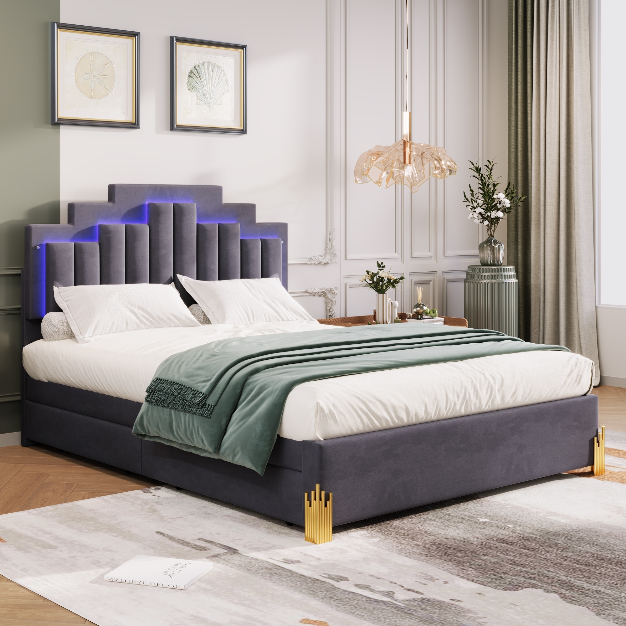 Velvet Fabric Platform Bed with Unique Headboard, 4 Drawers, Queen, Grey
