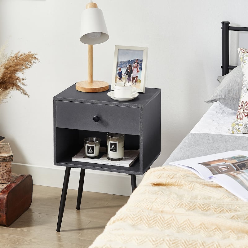 VECELO, (Set of 2) Modern 1-Drawer Brown/Grey Nightstand with Storage Shelf