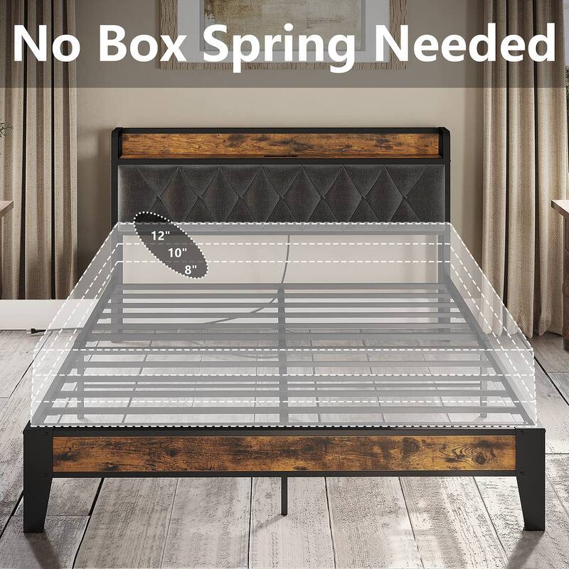 Queen Bed Frame, Storage Headboard with Outlets, Easy to Install, Sturdy and Stable, No Noise, No Box Springs Needed