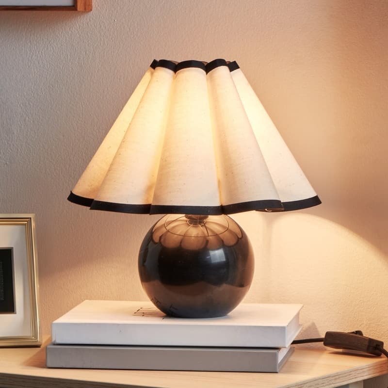 Brightech Blair 10.08 in. Polished Black Midcentury LED Globe Bedside Desk Table Lamp with White Cotton Empire Shade