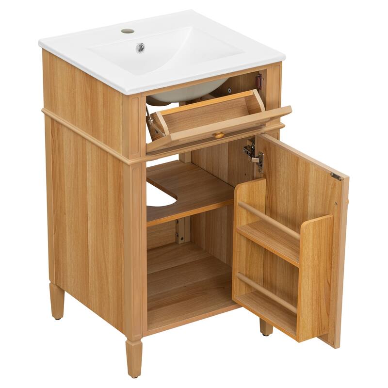 Roomfitters 20" Bathroom Vanity with Sink, Solid Pinewood Frame & Legs, Tilt-Out Drawer, Soft-Close Door with Racks