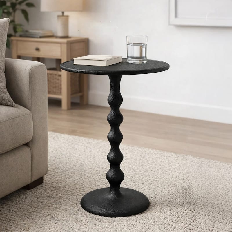 Shae 22 Inch Round Side End Table Matte Black Aluminum Cast, Hammered Texture, Turned Pedestal Post