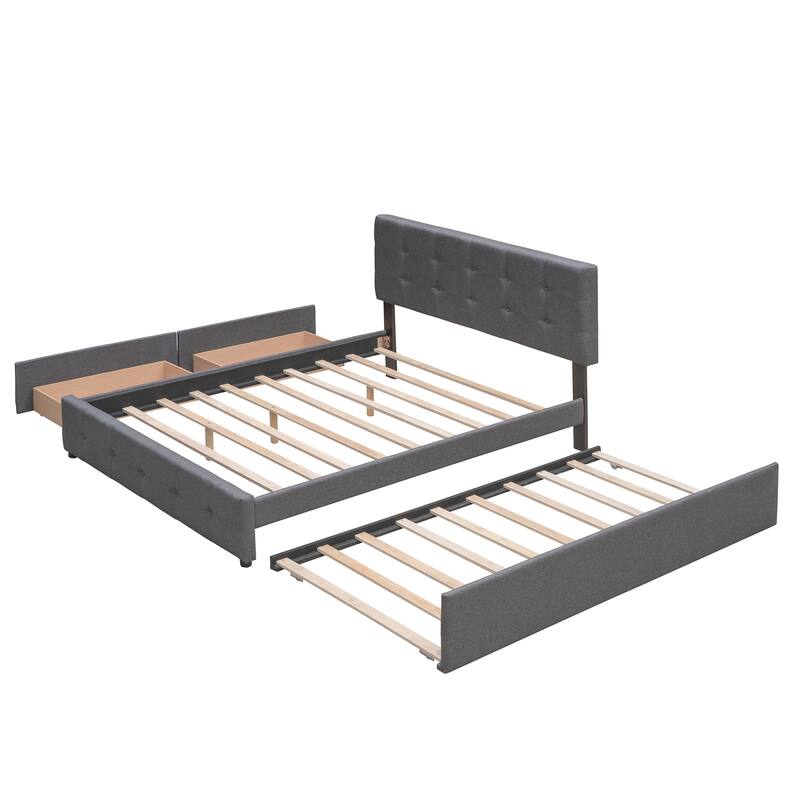 Queen Size Upholstered Platform Bed with Twin XL Trundle, Wooden Storage Bed Frame with 2 Drawers & Button Tufted Headboard
