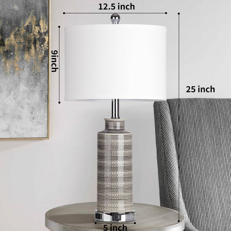 25'' Gray Ceramic Table Lamp with USB & Type-C Ports, 3-Stage Touch Switch (Set of 2) - 12.5'' x 12.5'' x 25''