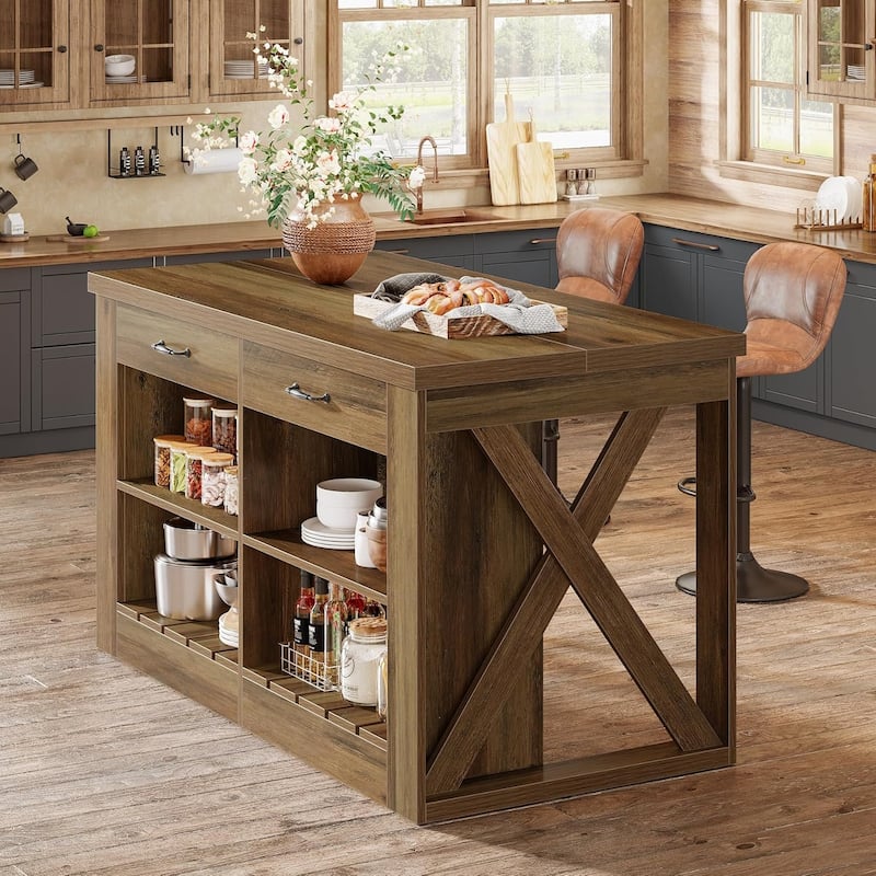 55-inch Kitchen Island with Storage and Seating, Farmhouse Wooden Bar Table with 2 Drawers and Open Shelf