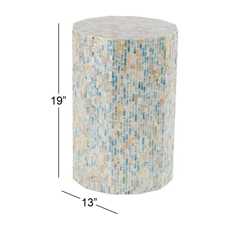 Blue Mother of Pearl Shell Handmade Mosaic Inlay Drum Accent Table