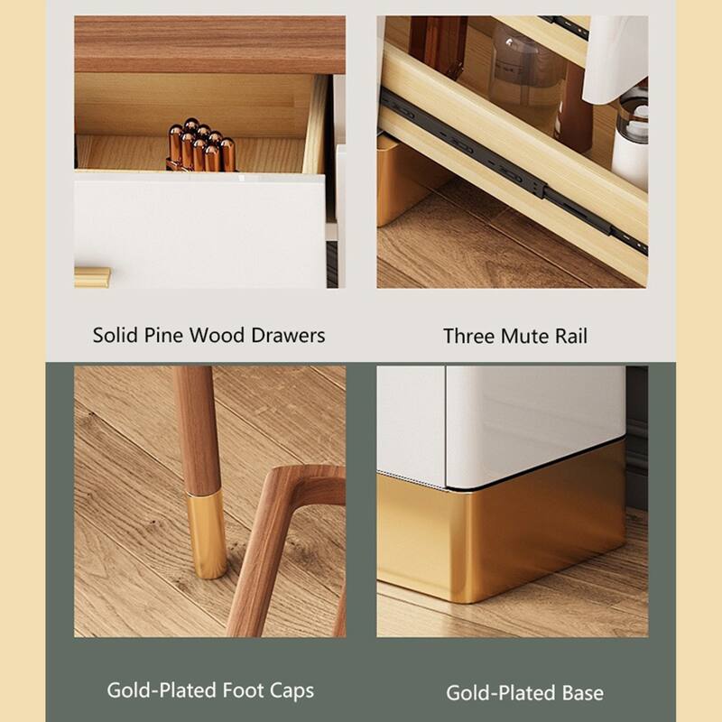 Modern Corner Makeup Vanity Table with LED Lighted Mirror, Vanity Desk with 5 Drawers, Piano Finish, Solid Wood Legs, Stool