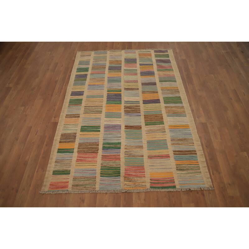 Hand Woven Oriental 100% Wool Carpet Southwestern Modern Multi-Colored Kilim Area Rug - 5' 11'' X 4' 1''