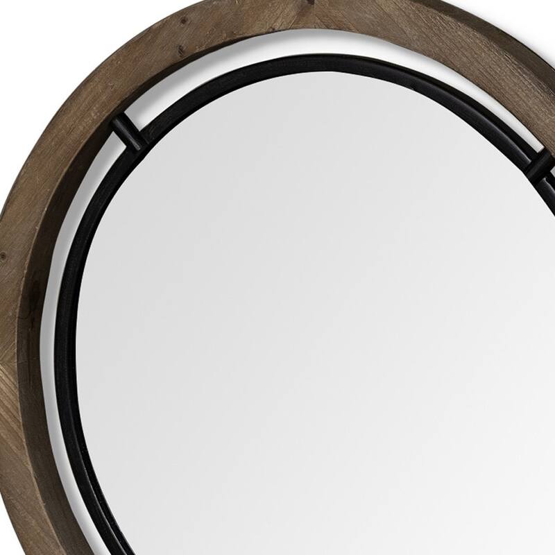 HomeRoots 24" Brown And Black Round Metal And Wood Framed Accent Mirror - 24.25' X '24.25' X '1.25