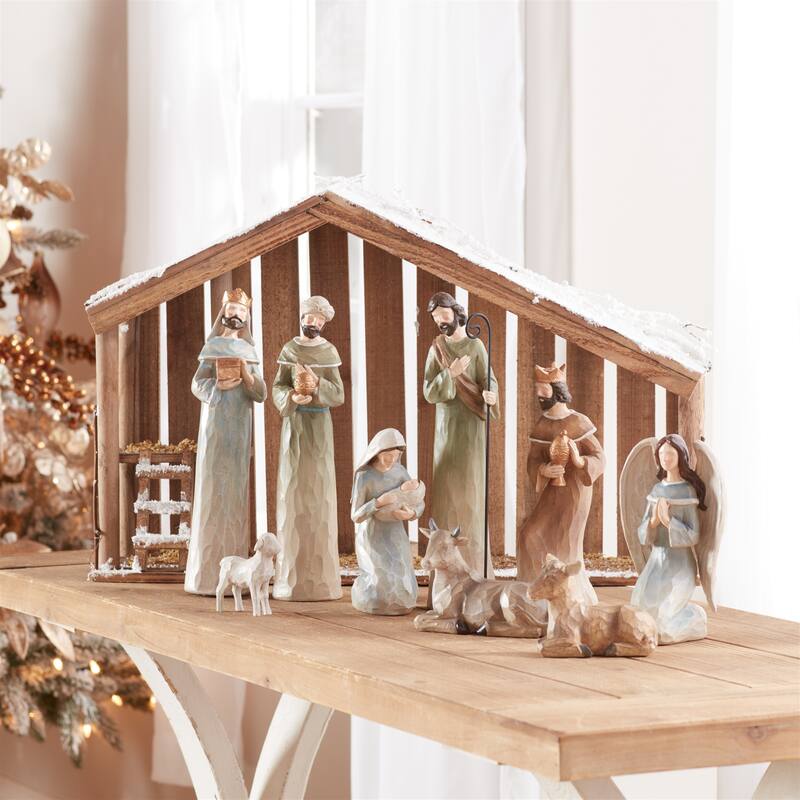 9-Piece Modern Nativity Scene Set with Polyresin Figurines in Beige and Gold for Christmas Decor - 3”H, 11.75”H