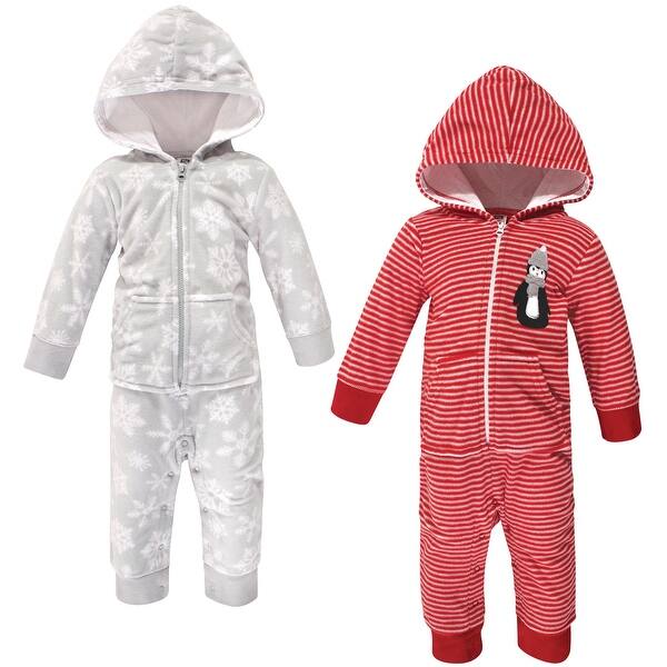 slide 1 of 1, Hudson Baby Infant Fleece Jumpsuits, Coveralls, and Playsuits 2pk, Red Penguin 0 - 3 Months - Grey/Red