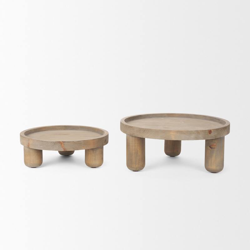 HomeRoots Set of Two Gray And Natural Solid Wood Handmade Round Risers - 13.25 in. x 5.75 in. x 13.25 in.